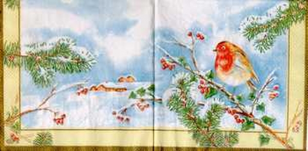 Serviette Rotbrüstchen auf verschneitem Ast mit Beeren, Landschaft , Rarität